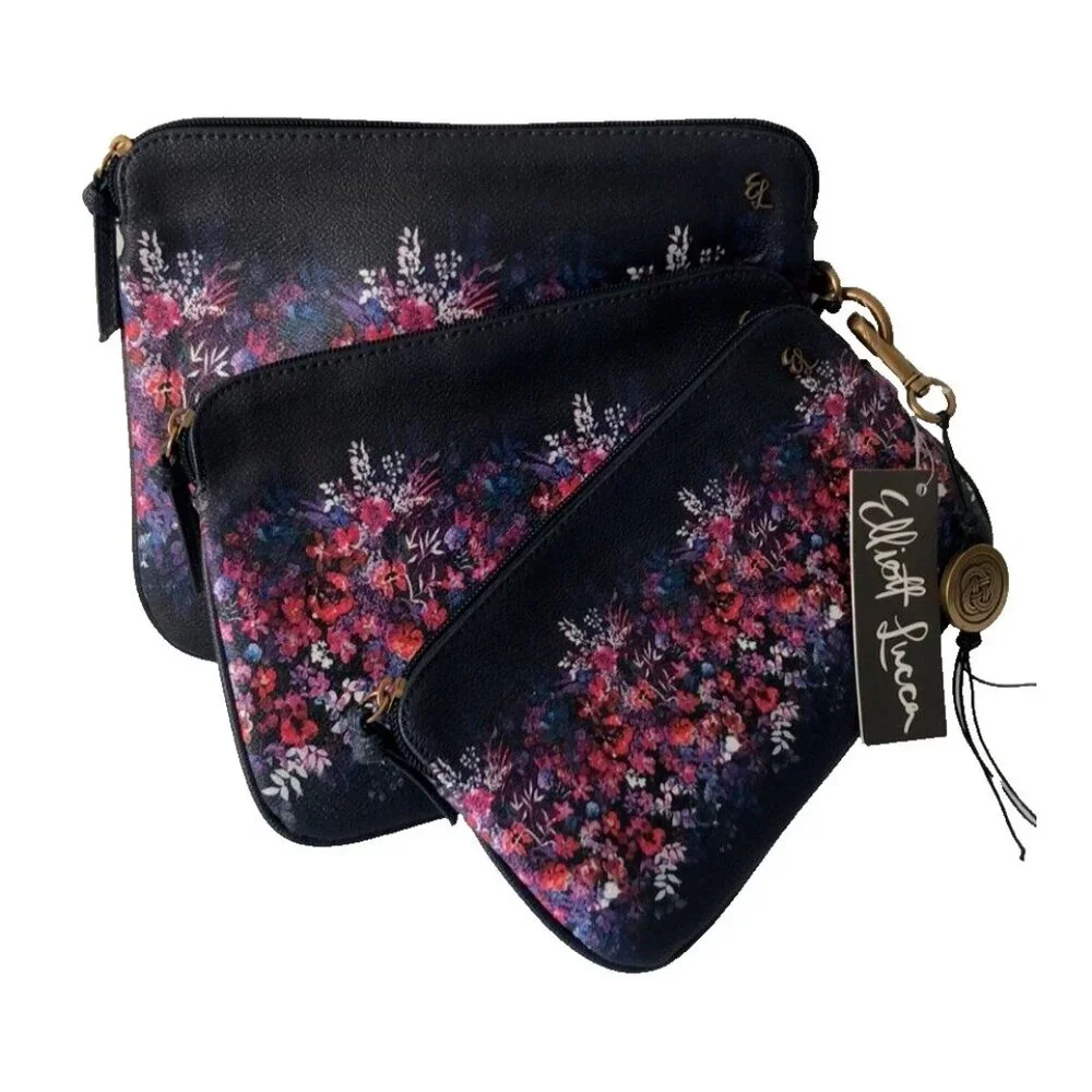 Elliott Lucca Set of 3 Artisan Floral Bouquet Indigo Blue Cosmetic Bags NEW